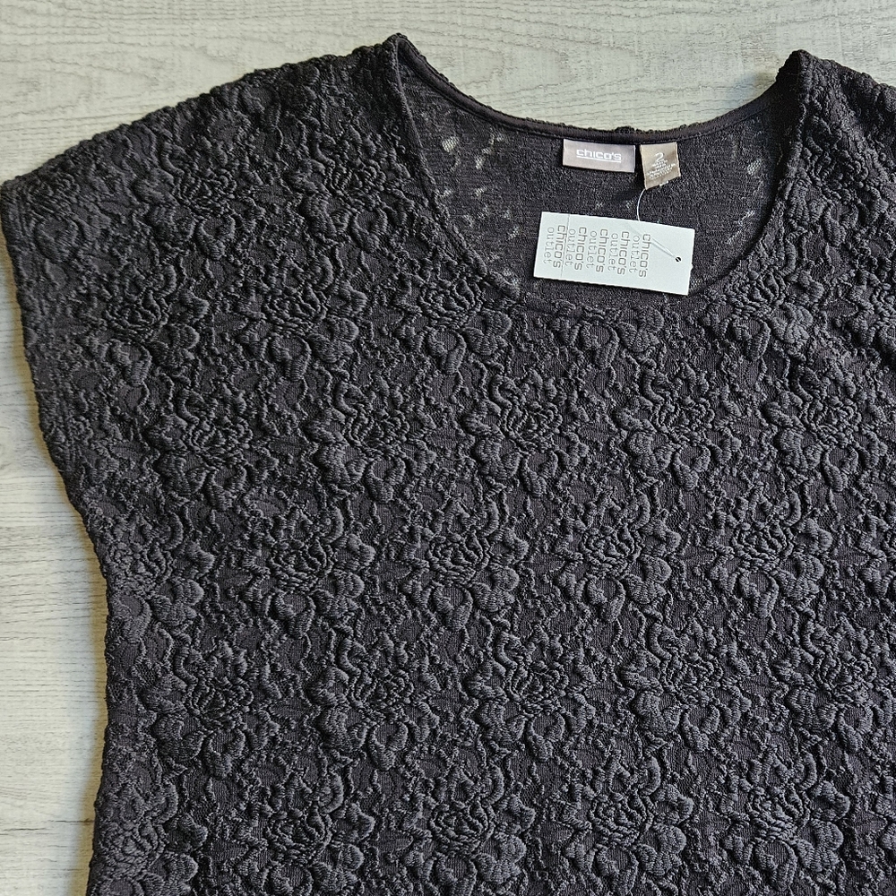 NWT Chico's Textured Black Lace Cap Sleeve Top Size 2 Womens Large - Picture 6 of 15